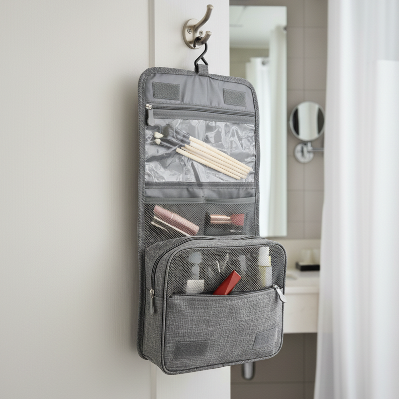 A grey toiletry organizer hanging on a hook by a hotel bathroom.