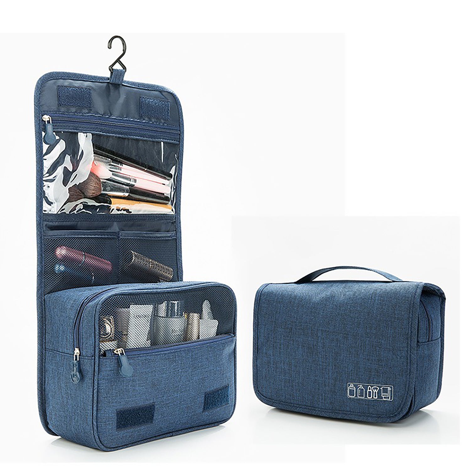 Hanging toiletry organizer in blue shown open and closed with interior compartments visible.