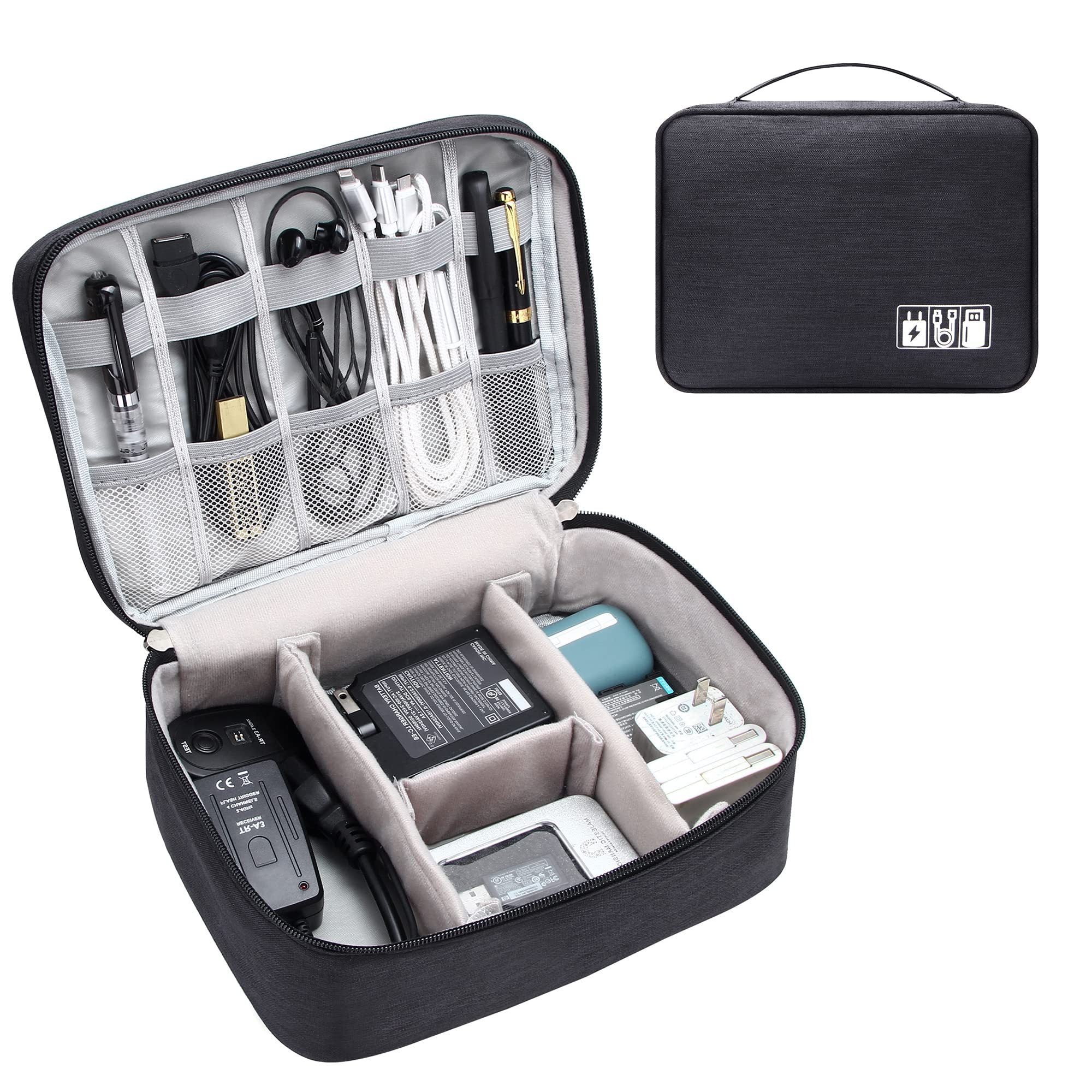 FlowPack travel cable organizer opened to show compartments filled with cables and devices.