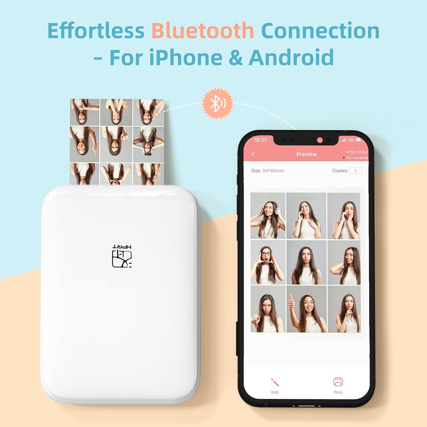 Effortless Bluetooth connection infographic for FlowPrint photo printer with iPhone and Android.
