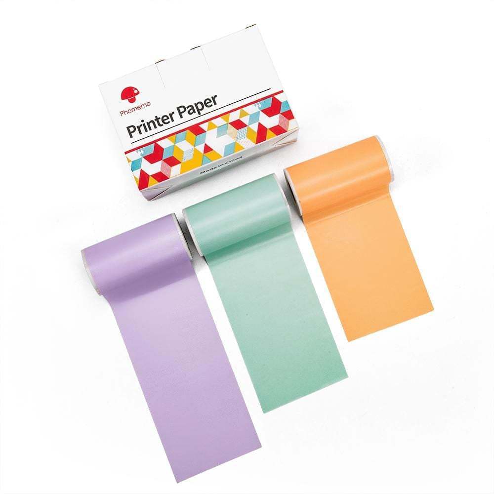 Thermal paper rolls in multicolor set with adhesive backing beside packaging box.