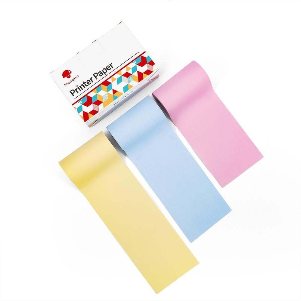 Thermal paper rolls in pastel multicolor set without adhesive backing beside packaging box.