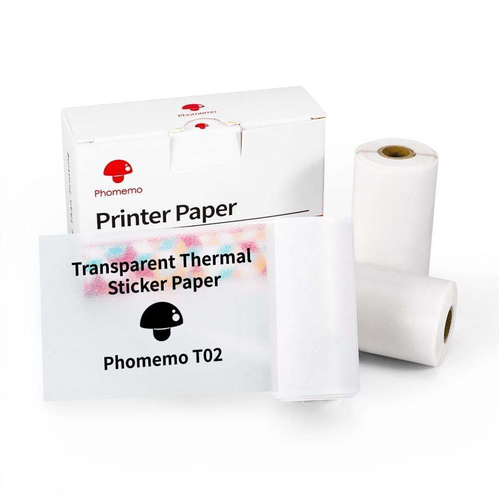 Transparent thermal sticker paper rolls with adhesive backing and white packaging.