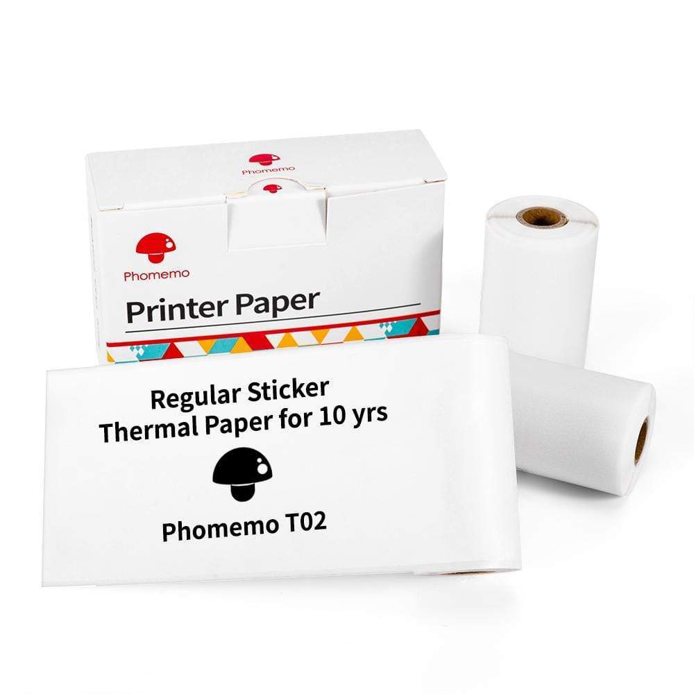 White thermal sticker paper rolls with adhesive surface beside product box.