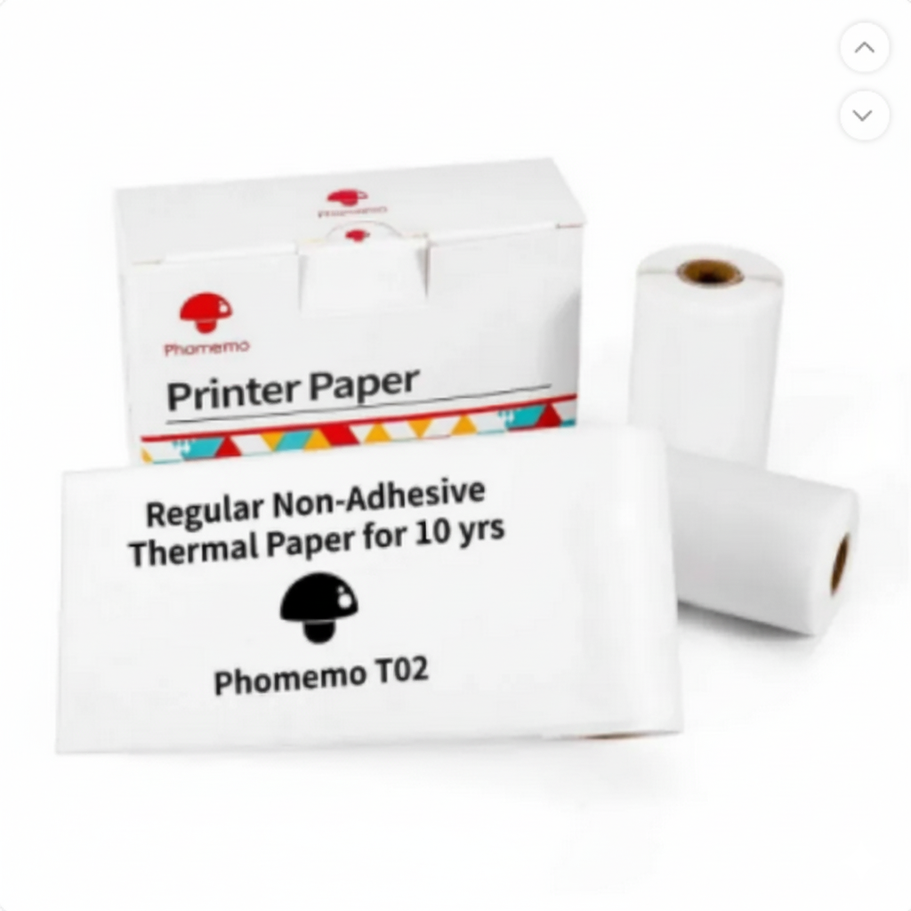 White thermal paper rolls without adhesive beside packaging labeled for 10-year print life.