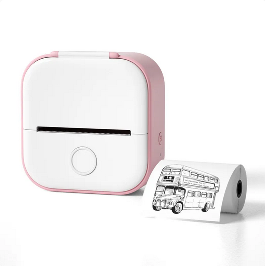 Thermal sticker printer in pink with printed label roll.