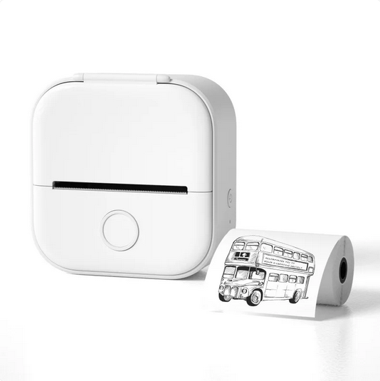 Thermal sticker printer in white with sticker roll beside unit.