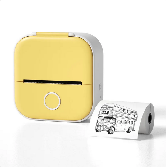 Thermal sticker printer in yellow with paper roll and print sample.