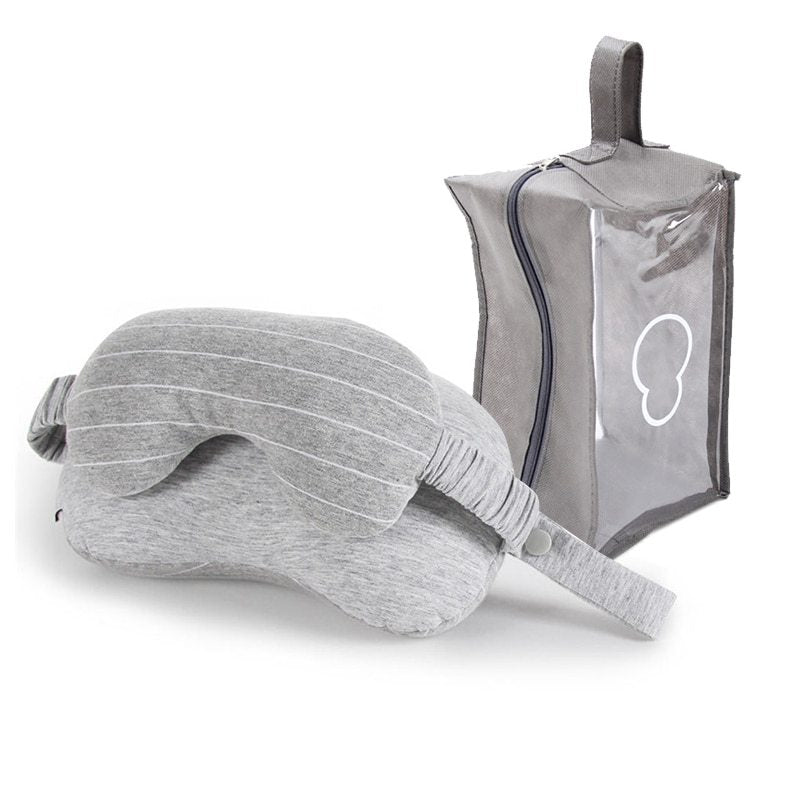 FlowRest pillow in light grey with included storage bag for easy packing.