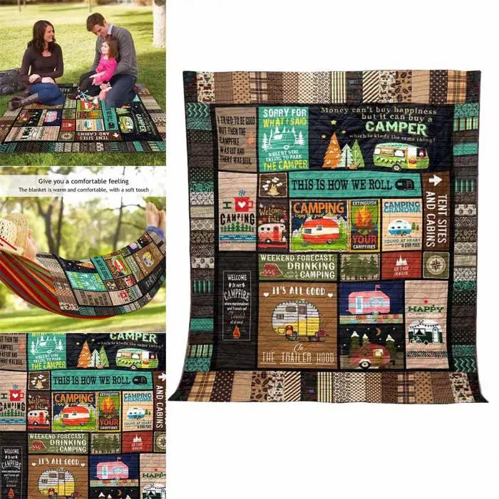 People relaxing on adventure blanket outdoors in park setting.