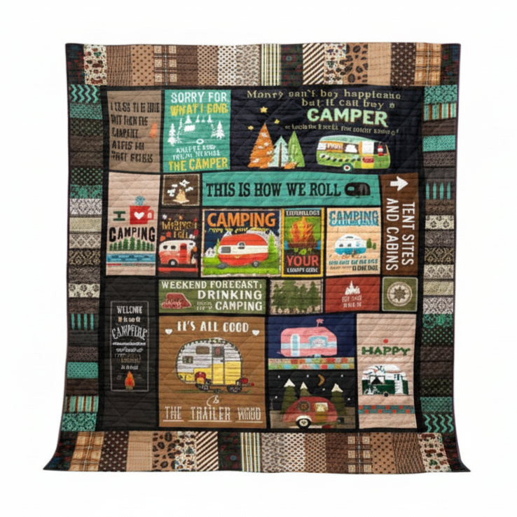 Camping blanket featuring vintage camper and camping quotes in colorful grid pattern.