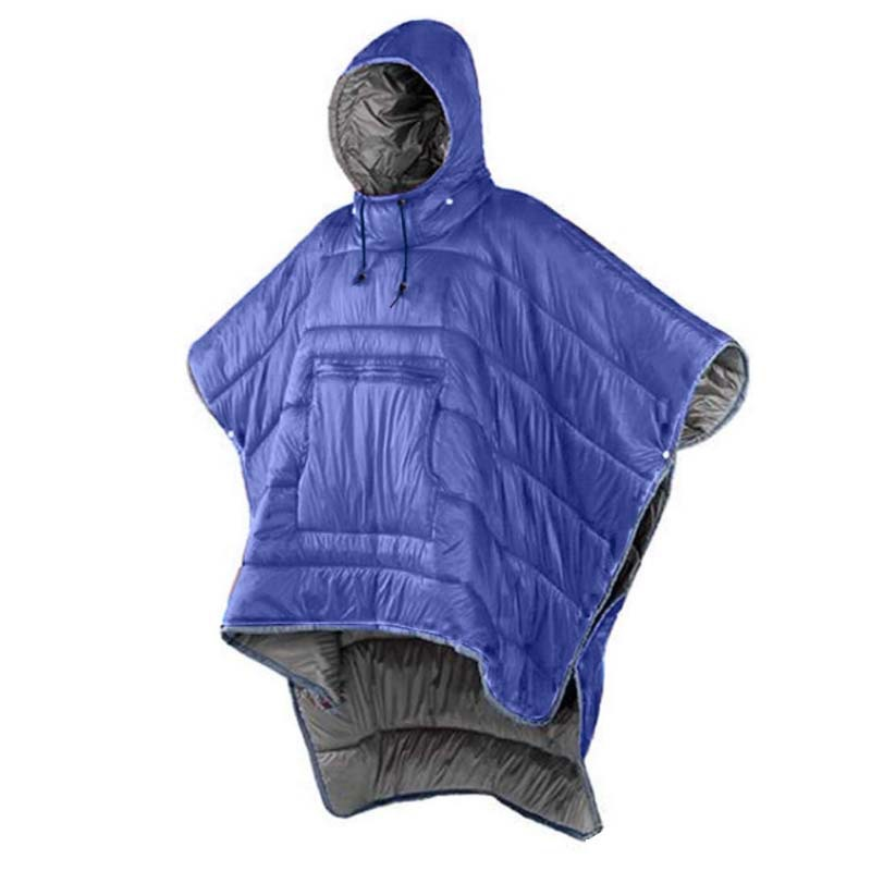 Wearable travel blanket cloak in blue with hood and front pocket.