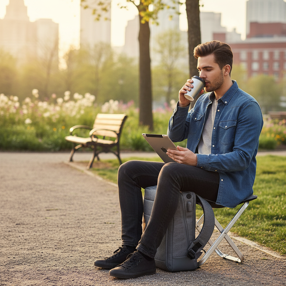 Person sitting outdoors on integrated chair using laptop and drinking coffee in a park setting.