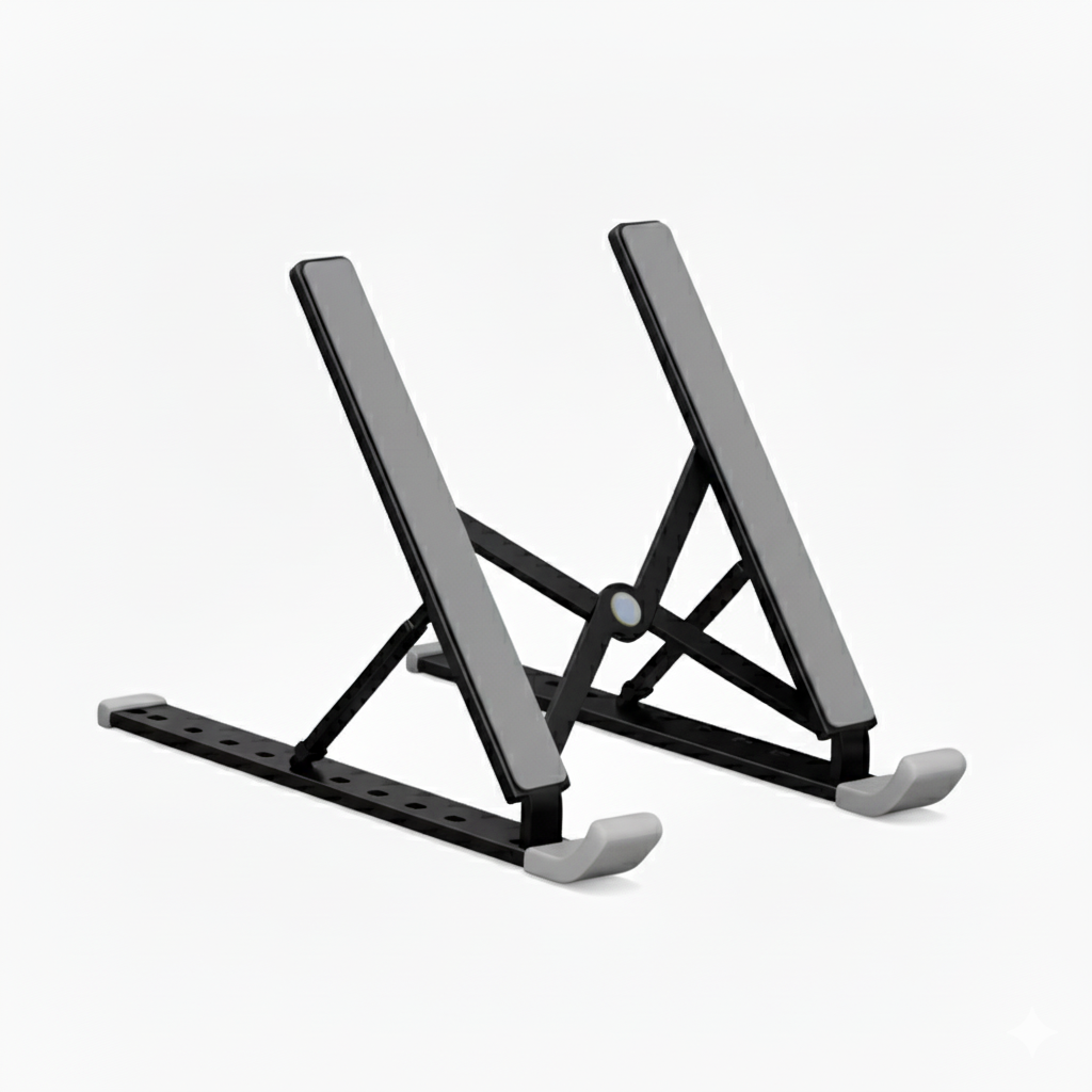 Black adjustable laptop stand unfolded on white background.