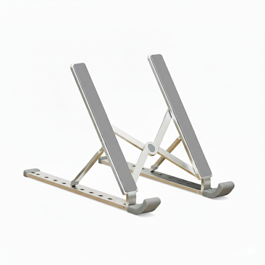 White adjustable laptop stand with aluminum body displayed upright.