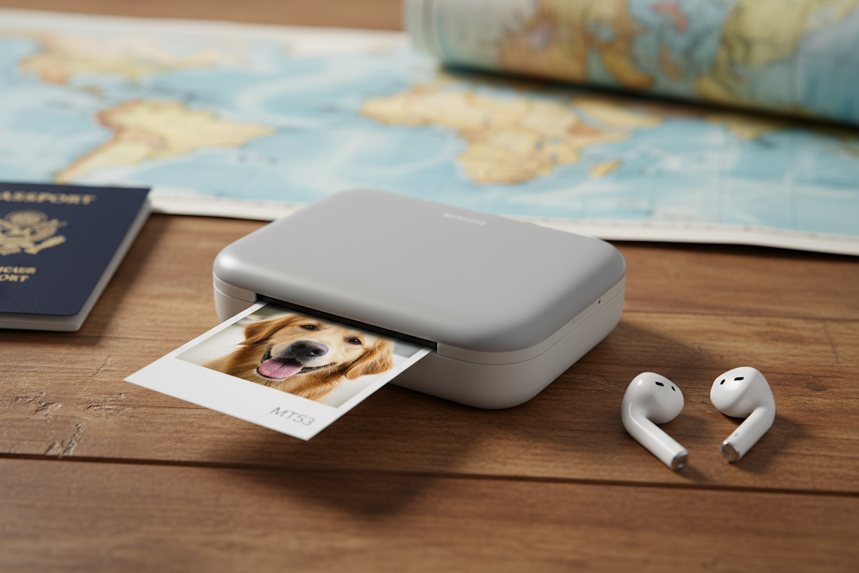 Compact portable photo printer producing a dog photo beside a passport, earbuds, and a world map — Flow Tech Collection by Rivvera.