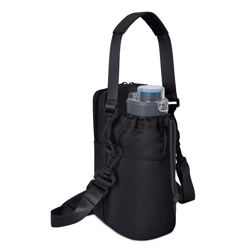FlowTote insulated bottle bag in black with crossbody strap and top handle.