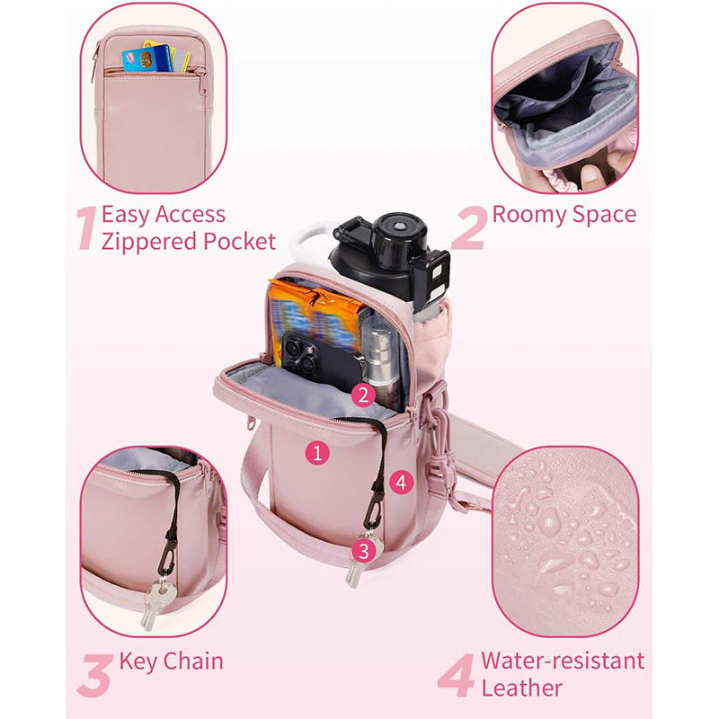 Layout showing multiple compartments, pocket space, and keychain loop.