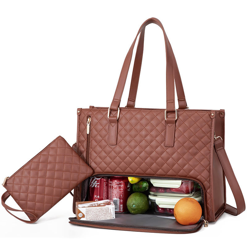 Brown quilted tote with matching wallet and insulated food section open.