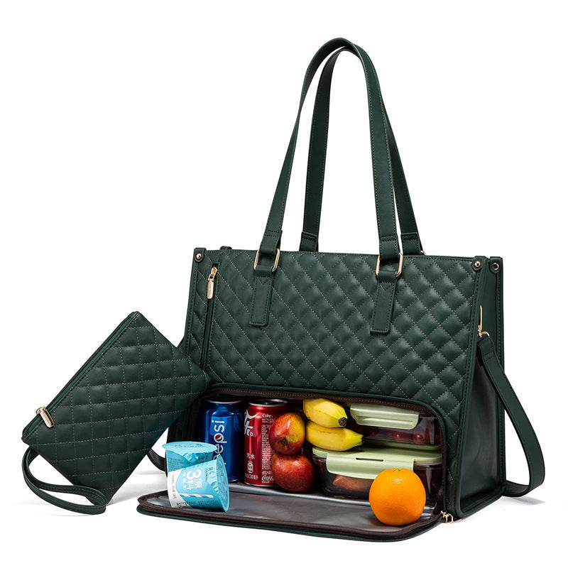 Dark-green insulated tote with detachable pouch and organized lunch inside.