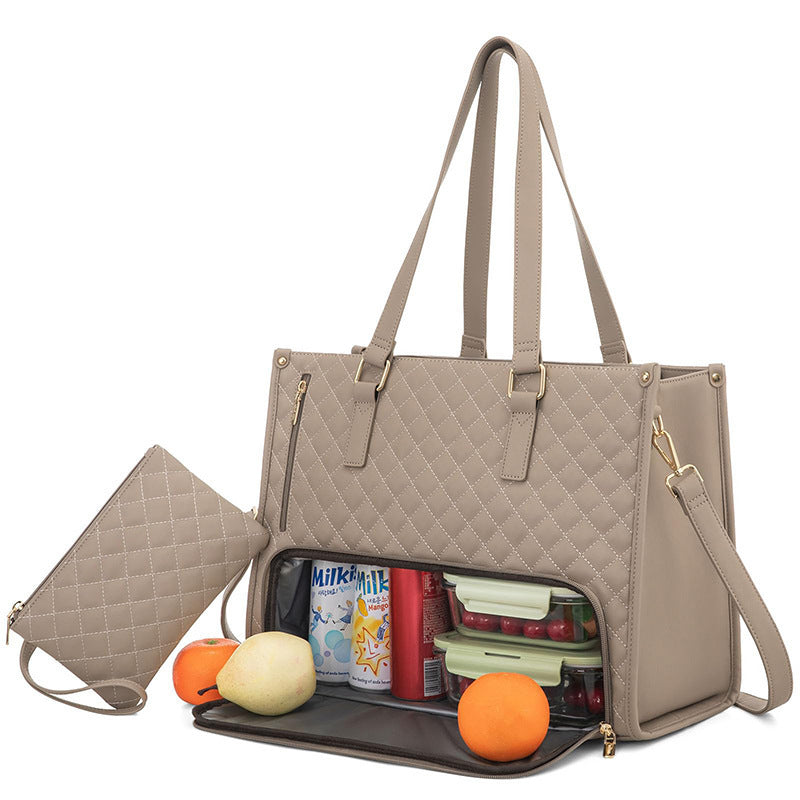 Khaki lunch and travel tote with detachable pouch and food containers displayed.