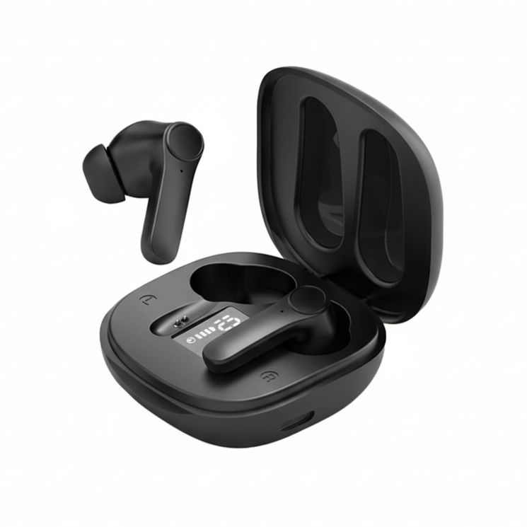 FlowTranslate smart earbuds in open charging case showing minimalist black design.
