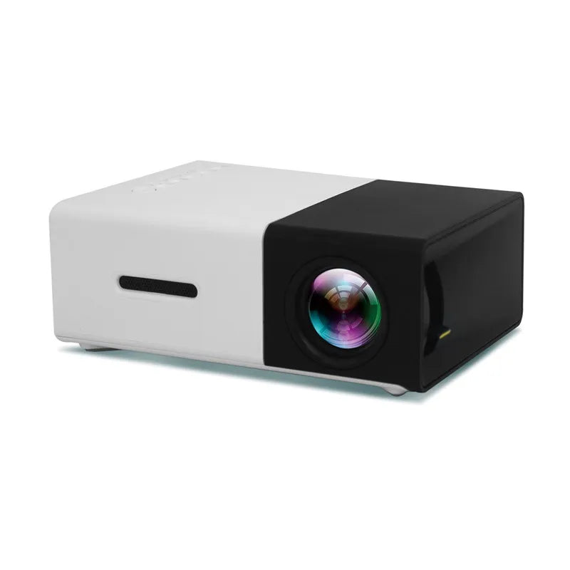Compact rectangular projector in black and white housing with front lens.