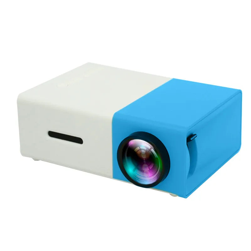 Compact rectangular projector with blue accent housing and front-facing lens.