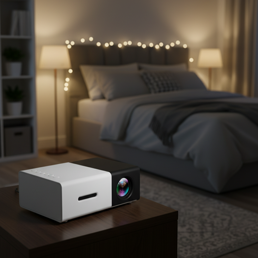 Projector on a side table in a bedroom setting.
