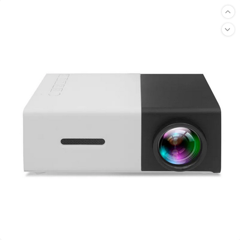 Front-facing view of the compact projector with lens and ventilation slots.