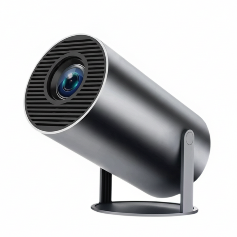 Compact cylindrical projector in matte black with angled stand.