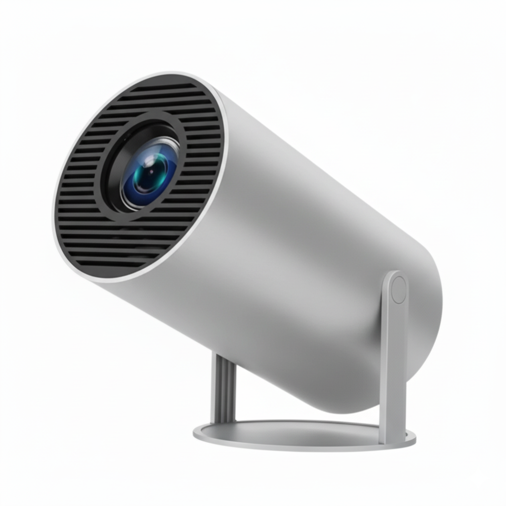 Compact cylindrical projector in metallic gray finish on desktop stand.