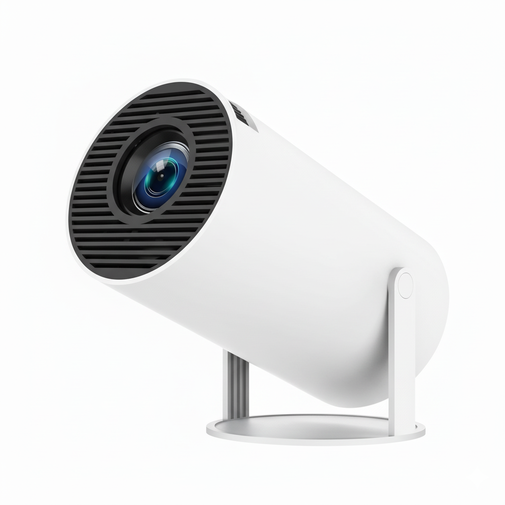 Compact cylindrical projector in white housing with front-facing lens.