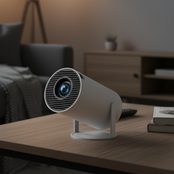 White projector on a wooden table in a living room setting.