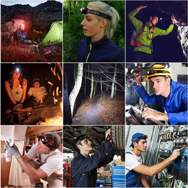Collage showing users wearing a headlamp during camping, hiking, running, and work tasks.