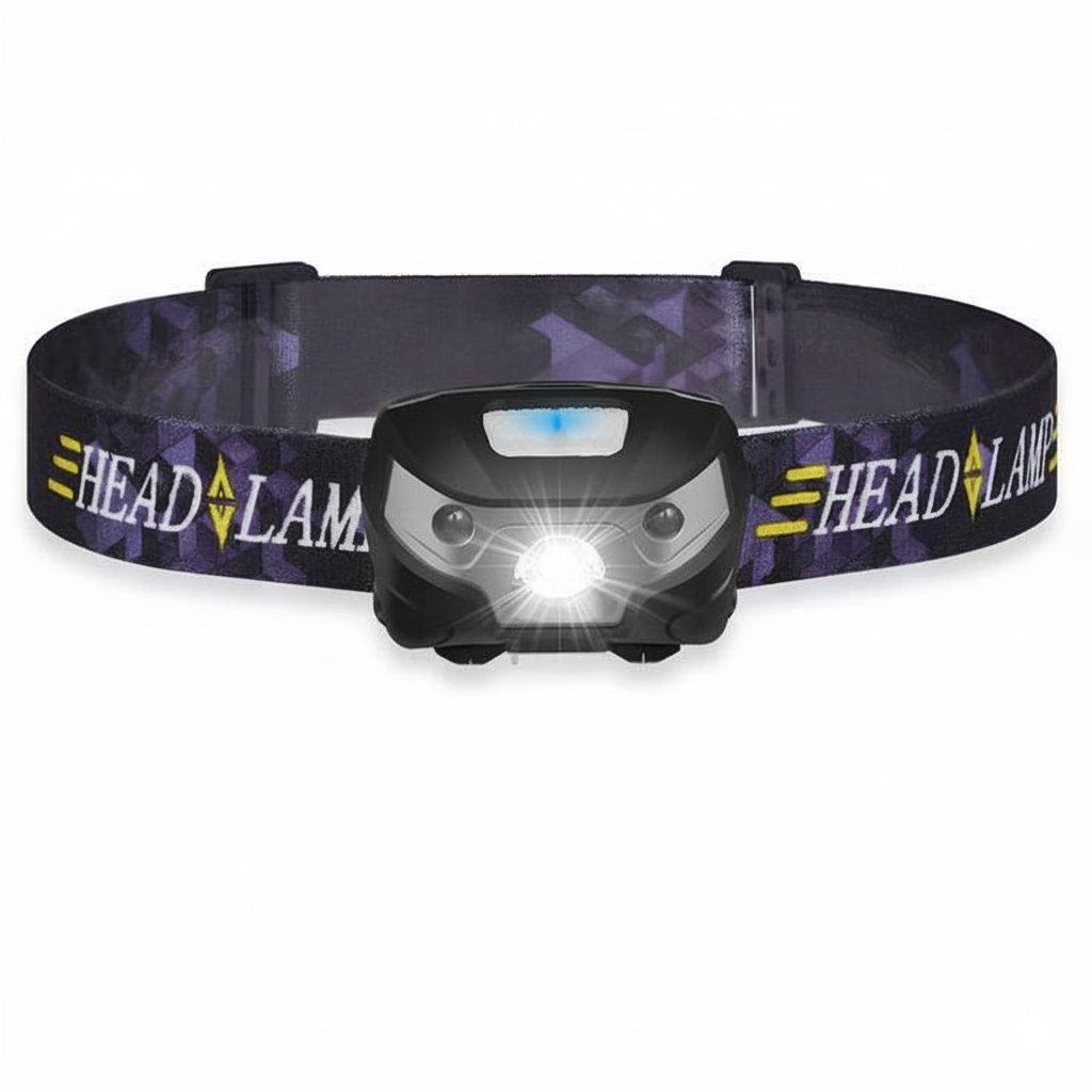 Black LED headlamp with adjustable band illuminated in front-facing view.