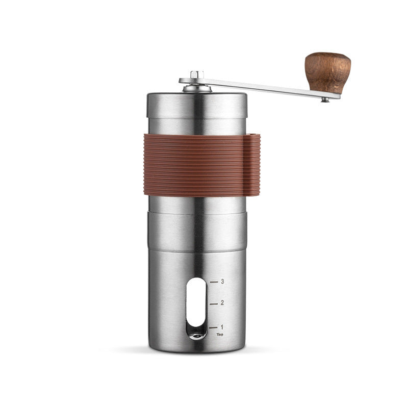 Stainless steel hand coffee grinder with brown silicone grip and wooden handle.