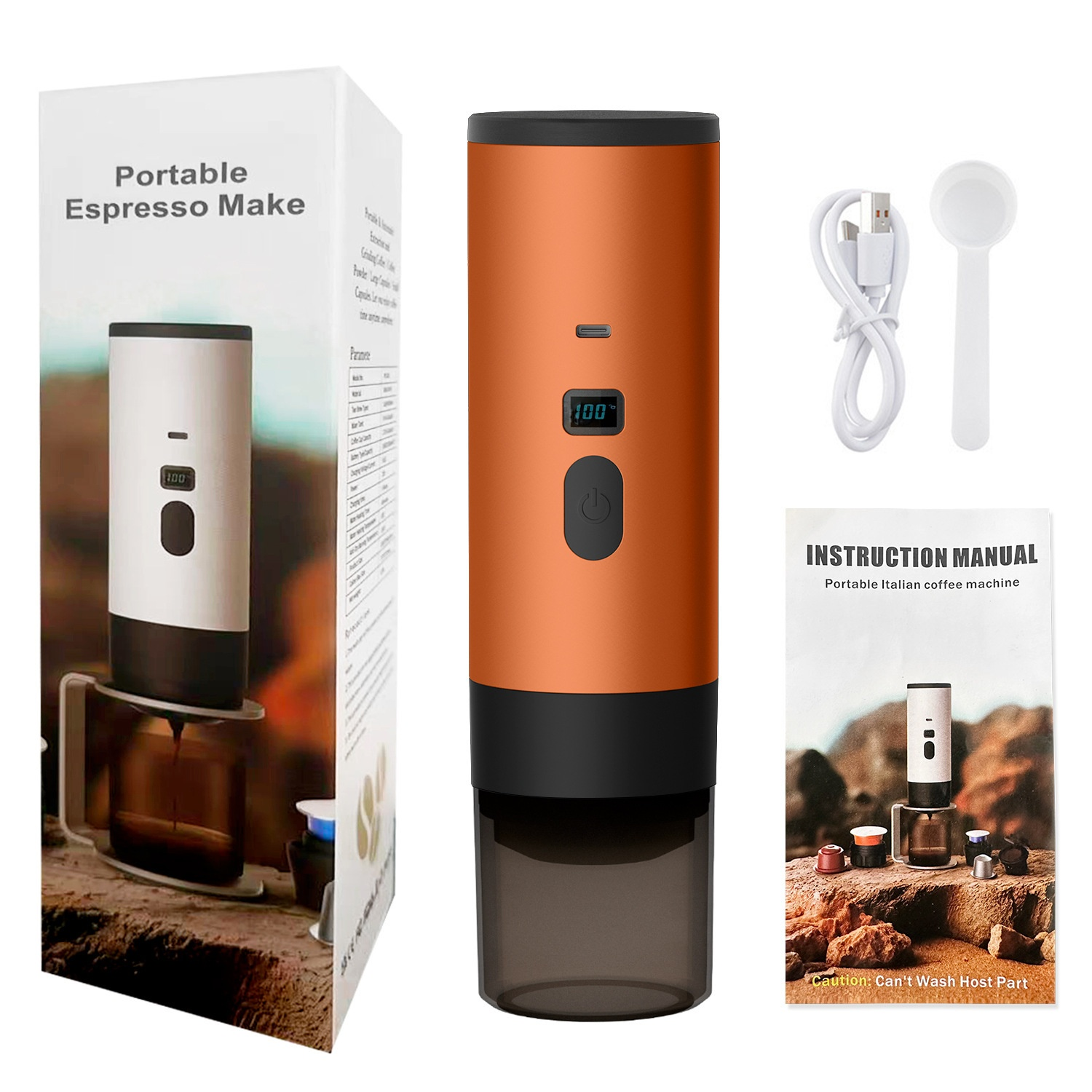 Orange version of coffee maker displayed with packaging, charger, and spoon.