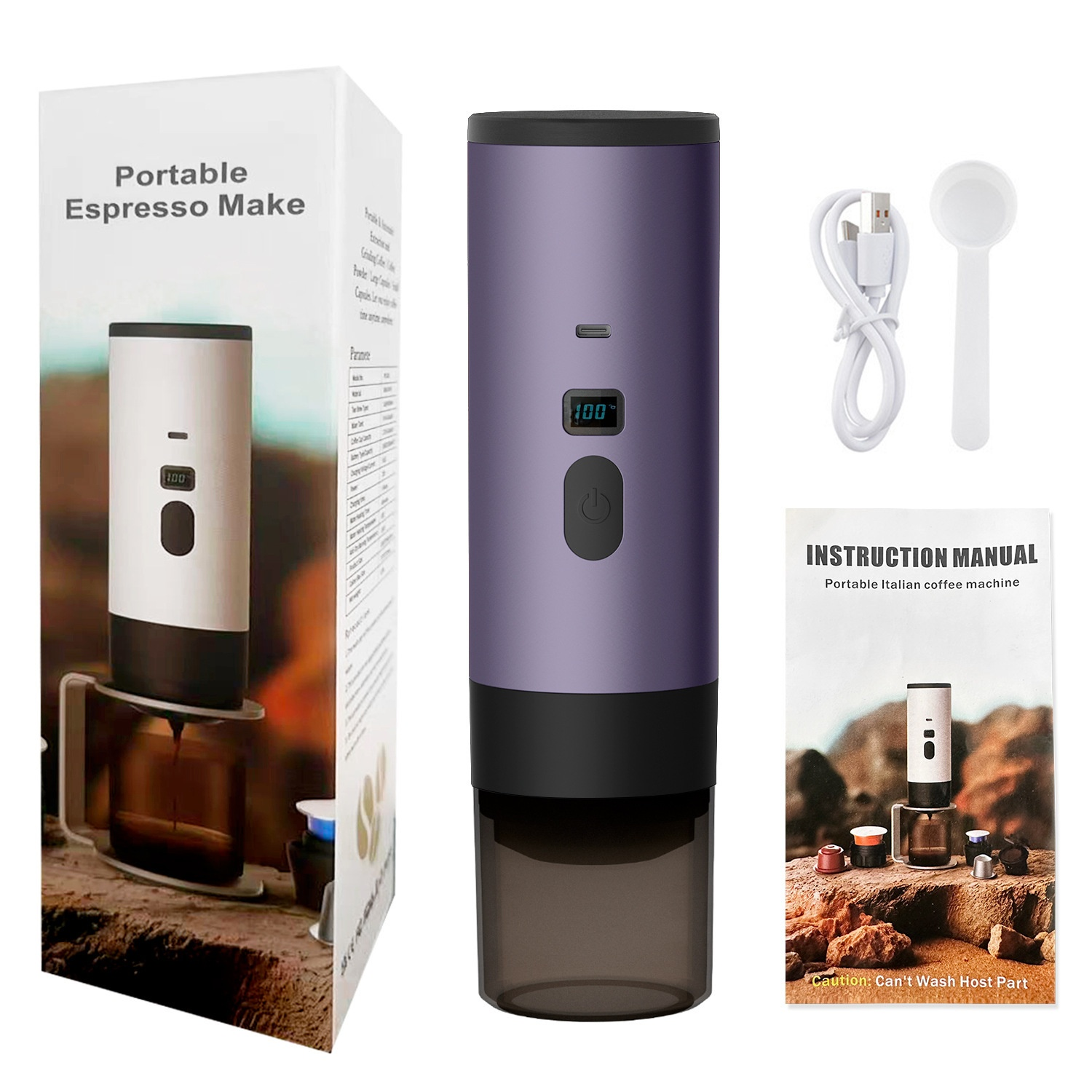 Purple version of coffee maker displayed with packaging, charger, and spoon.