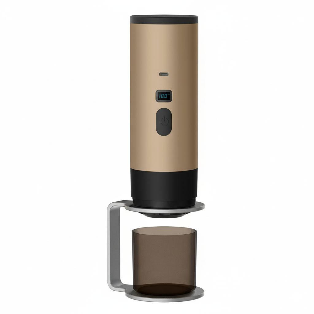 Portable wireless coffee maker with cup and stand.