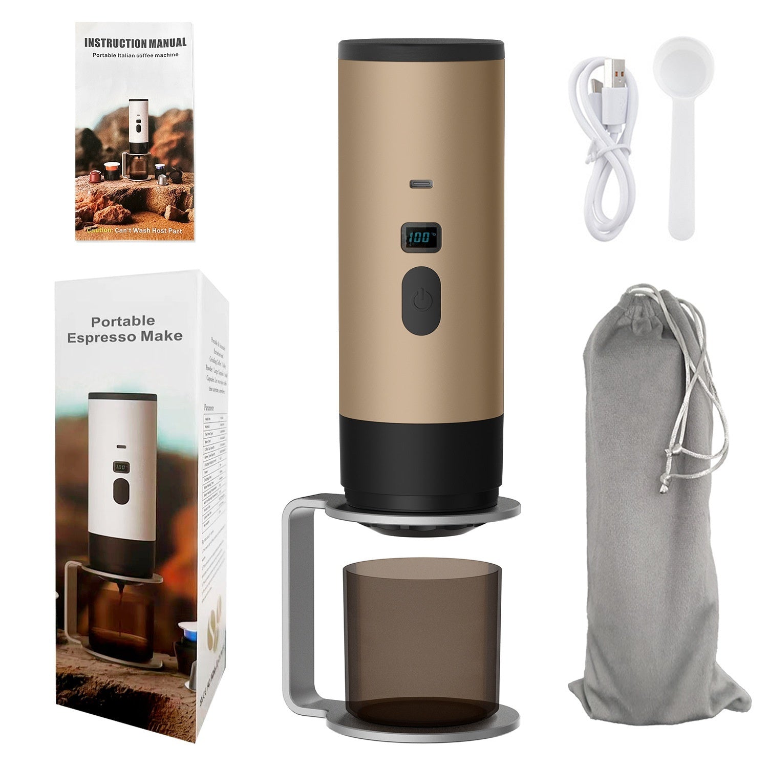 Portable wireless coffee maker set with cup, charging cable, stand, and travel pouch.